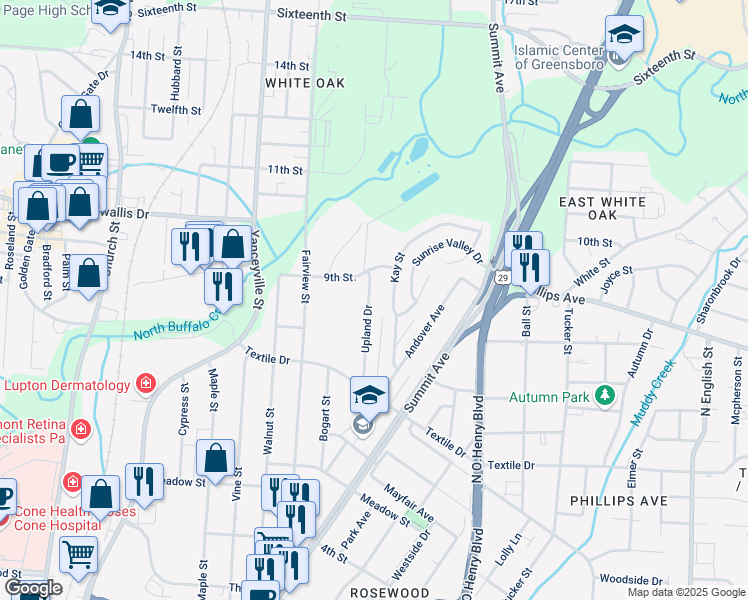 map of restaurants, bars, coffee shops, grocery stores, and more near 1612 Upland Drive in Greensboro