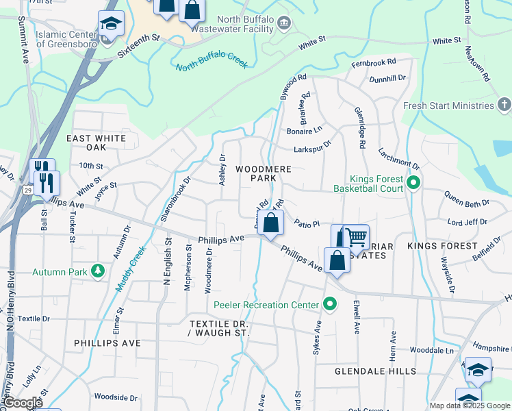 map of restaurants, bars, coffee shops, grocery stores, and more near 1905 Drexel Road in Greensboro