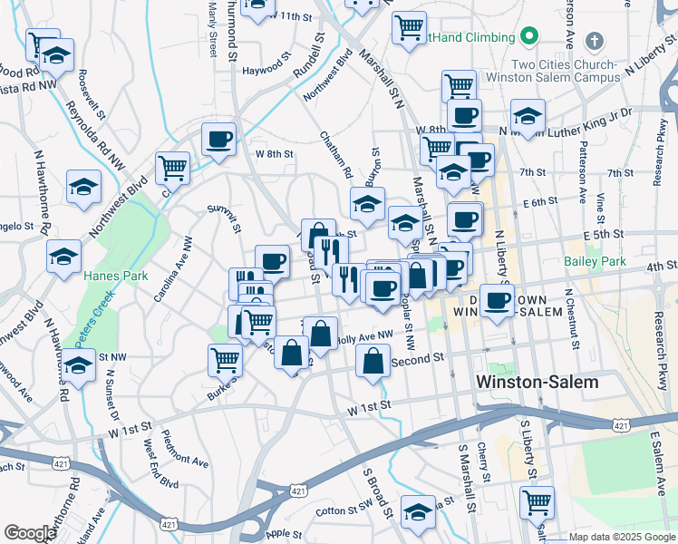 map of restaurants, bars, coffee shops, grocery stores, and more near 683 West 5th Street in Winston-Salem