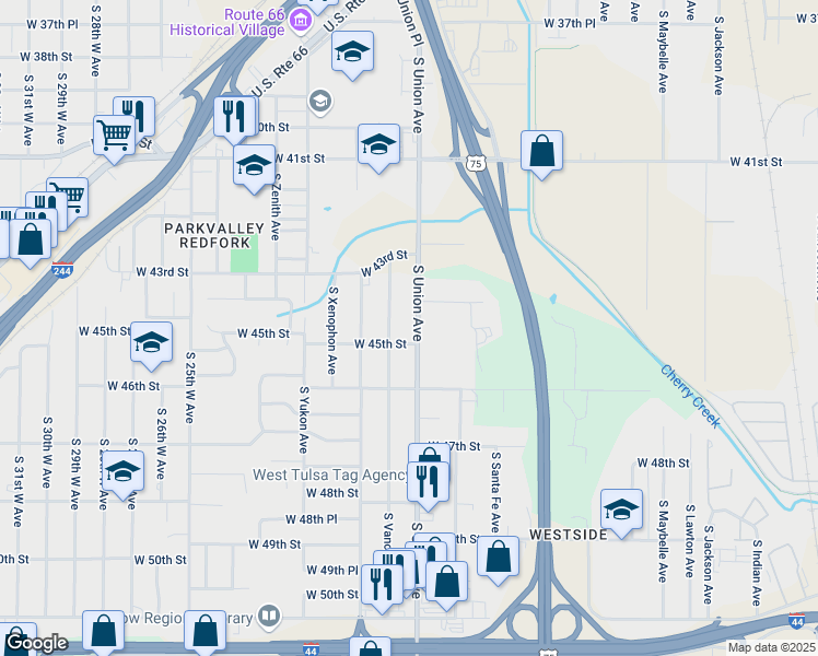 map of restaurants, bars, coffee shops, grocery stores, and more near 4428 South Union Avenue in Tulsa