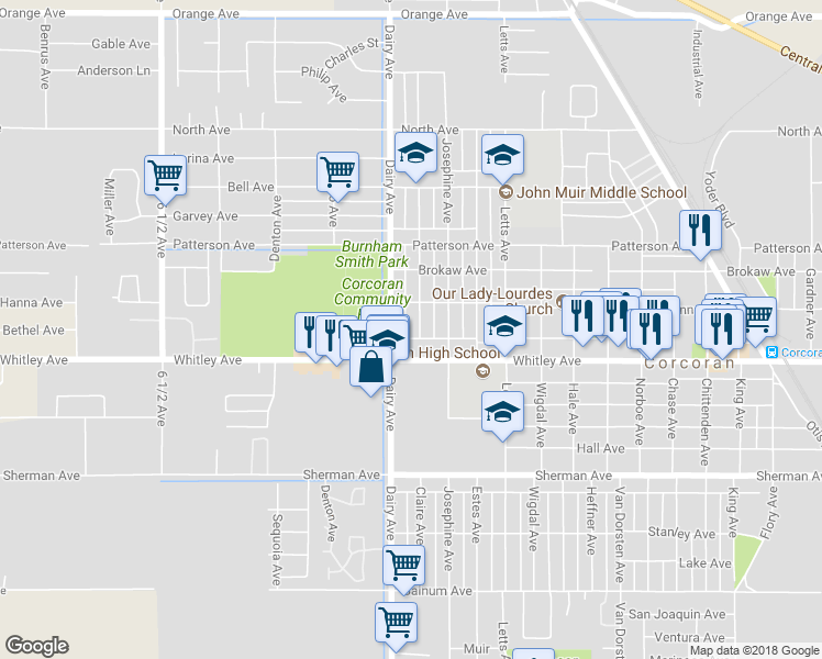 map of restaurants, bars, coffee shops, grocery stores, and more near 1016 Claire Avenue in Corcoran