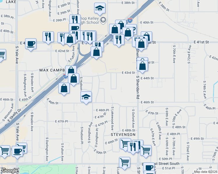 map of restaurants, bars, coffee shops, grocery stores, and more near 4348 South Lakewood Avenue in Tulsa