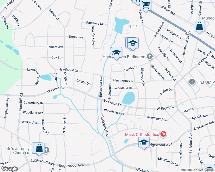 map of restaurants, bars, coffee shops, grocery stores, and more near 1604 Inglewood Drive in Burlington
