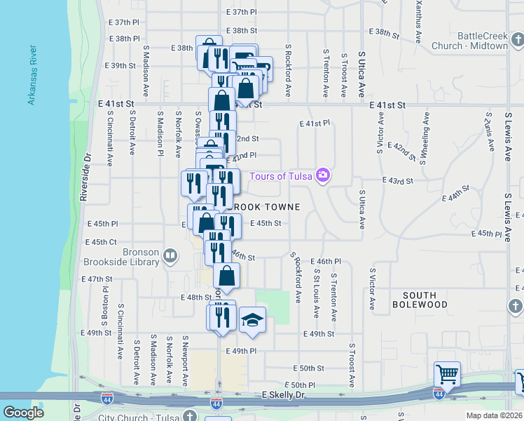 map of restaurants, bars, coffee shops, grocery stores, and more near 1360 East 44th Street in Tulsa