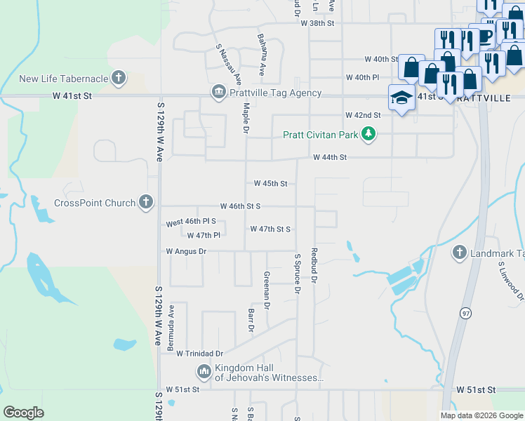 map of restaurants, bars, coffee shops, grocery stores, and more near 502 West 46th Street South in Sand Springs