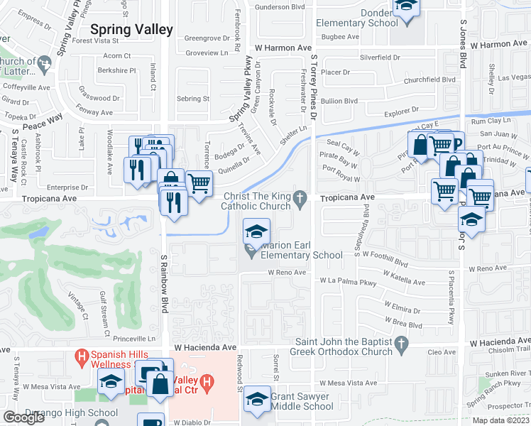 map of restaurants, bars, coffee shops, grocery stores, and more near 6643 West Tropicana Avenue in Las Vegas