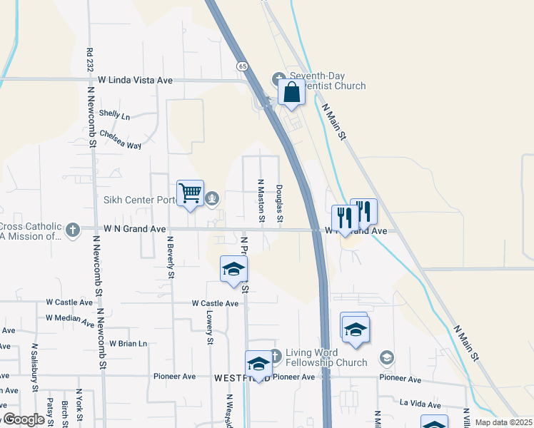 map of restaurants, bars, coffee shops, grocery stores, and more near 1838 N Maston St in Porterville