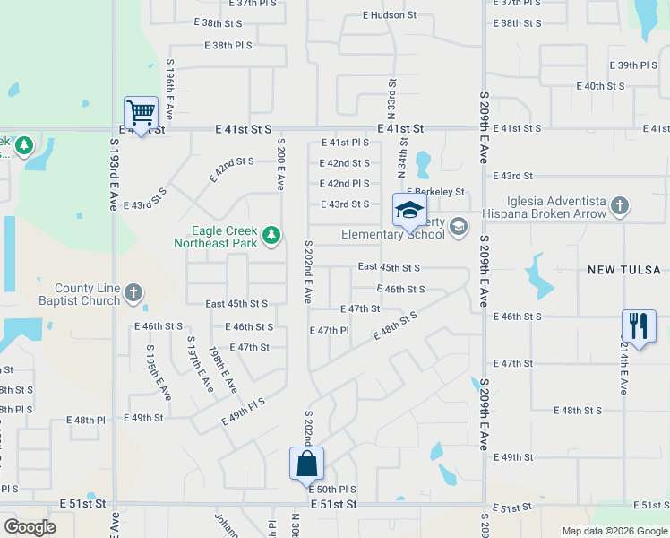 map of restaurants, bars, coffee shops, grocery stores, and more near 4523 South 203rd East Avenue in Broken Arrow