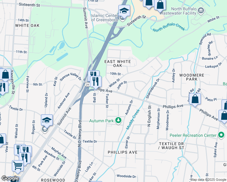 map of restaurants, bars, coffee shops, grocery stores, and more near in Greensboro