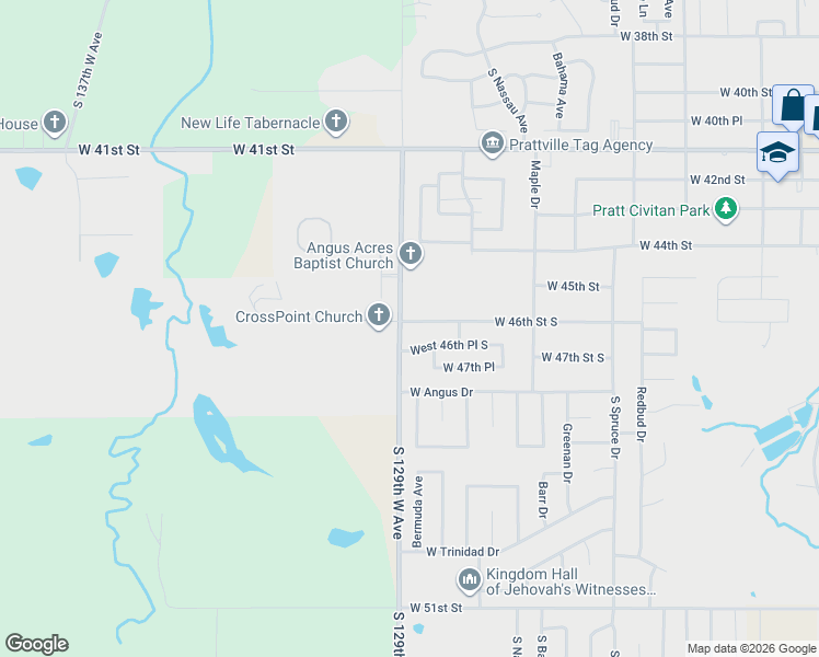 map of restaurants, bars, coffee shops, grocery stores, and more near 4601 South 129th West Avenue in Sand Springs