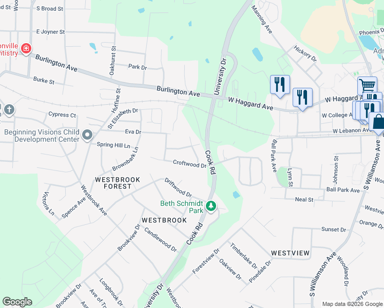 map of restaurants, bars, coffee shops, grocery stores, and more near 204 New Haven Lane in Gibsonville