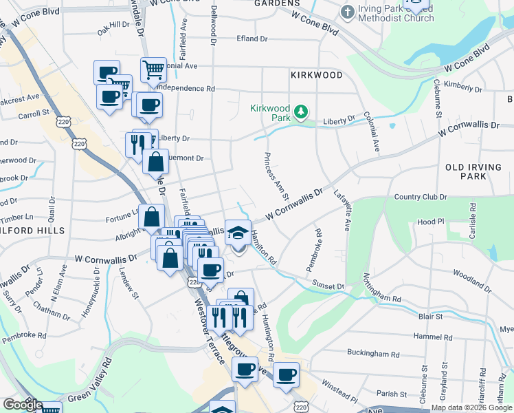 map of restaurants, bars, coffee shops, grocery stores, and more near 1302 West Cornwallis Drive in Greensboro