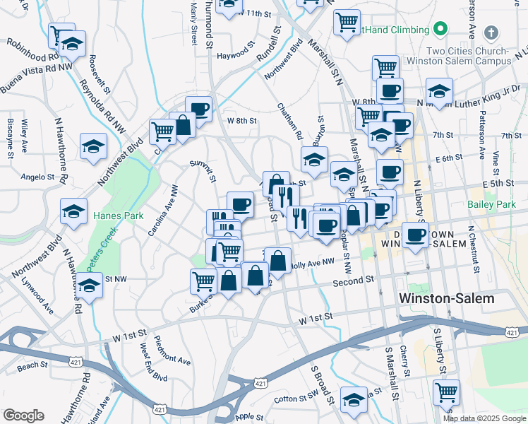 map of restaurants, bars, coffee shops, grocery stores, and more near 811 West 5th Street in Winston-Salem