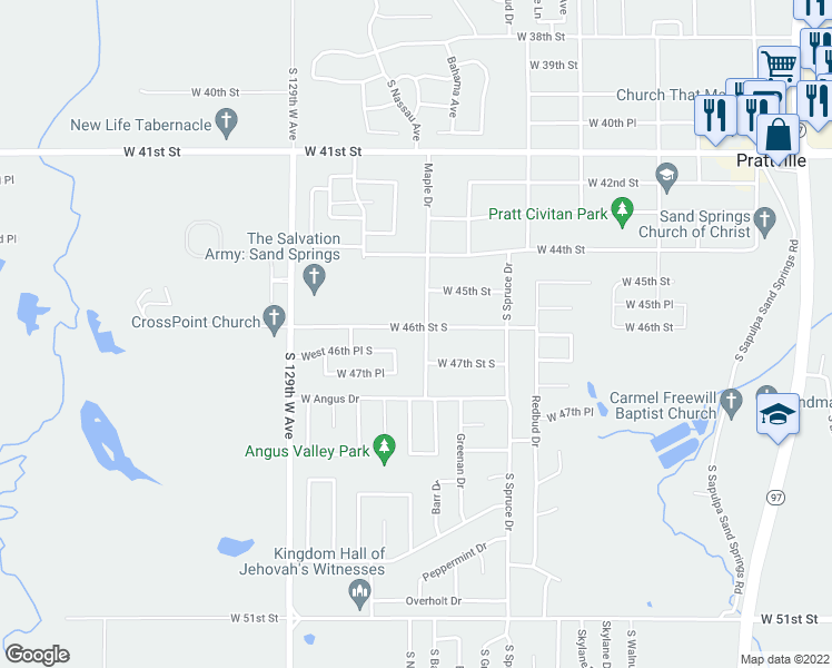 map of restaurants, bars, coffee shops, grocery stores, and more near 4600 Maple Drive in Sand Springs
