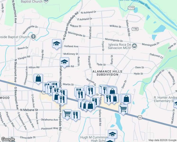 map of restaurants, bars, coffee shops, grocery stores, and more near 2019 Tryon Street in Burlington