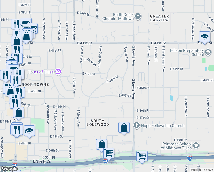 map of restaurants, bars, coffee shops, grocery stores, and more near 4401 Oak Road in Tulsa