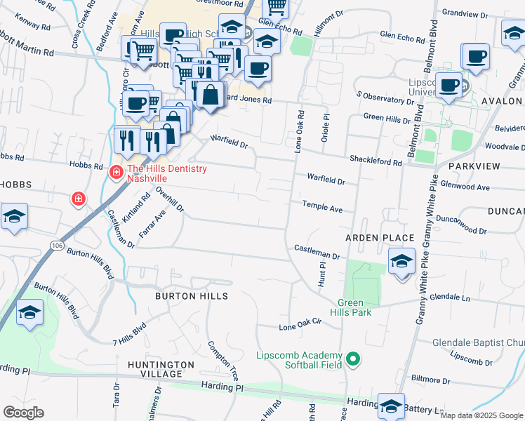 map of restaurants, bars, coffee shops, grocery stores, and more near 105 Oak Meadows Lane in Nashville