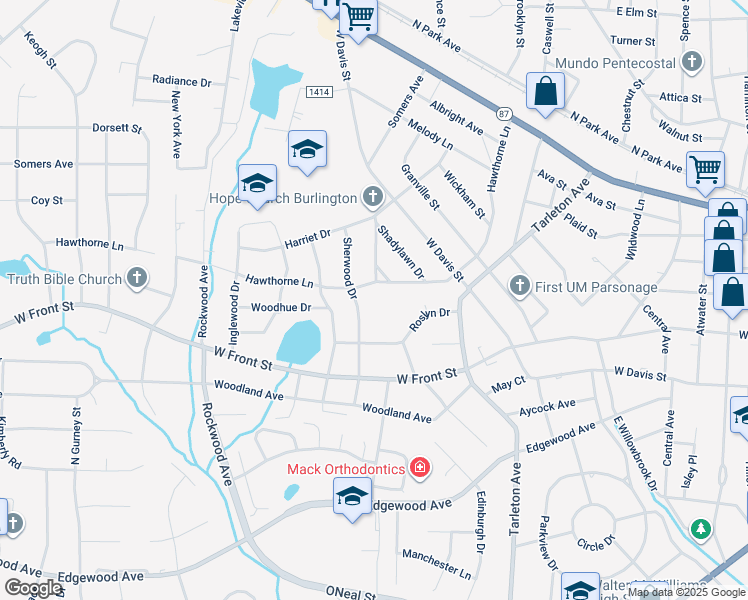 map of restaurants, bars, coffee shops, grocery stores, and more near 1121 Sherwood Drive in Burlington