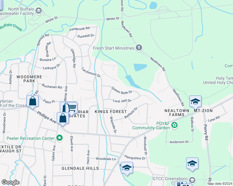 map of restaurants, bars, coffee shops, grocery stores, and more near 4204 Queen Beth Drive in Greensboro