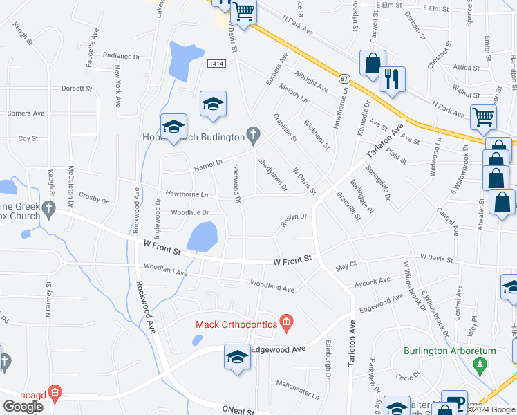map of restaurants, bars, coffee shops, grocery stores, and more near 1125 Sherwood Drive in Burlington