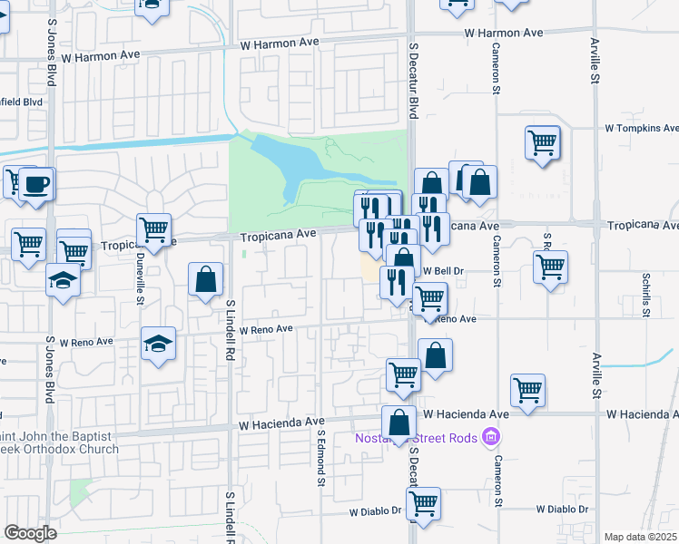 map of restaurants, bars, coffee shops, grocery stores, and more near 5155 West Tropicana Avenue in Las Vegas