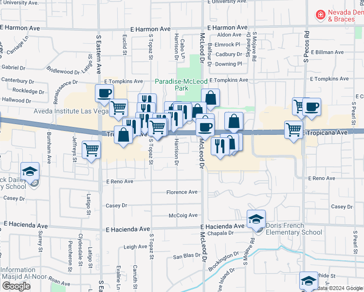 map of restaurants, bars, coffee shops, grocery stores, and more near 4960 Harrison Drive in Las Vegas