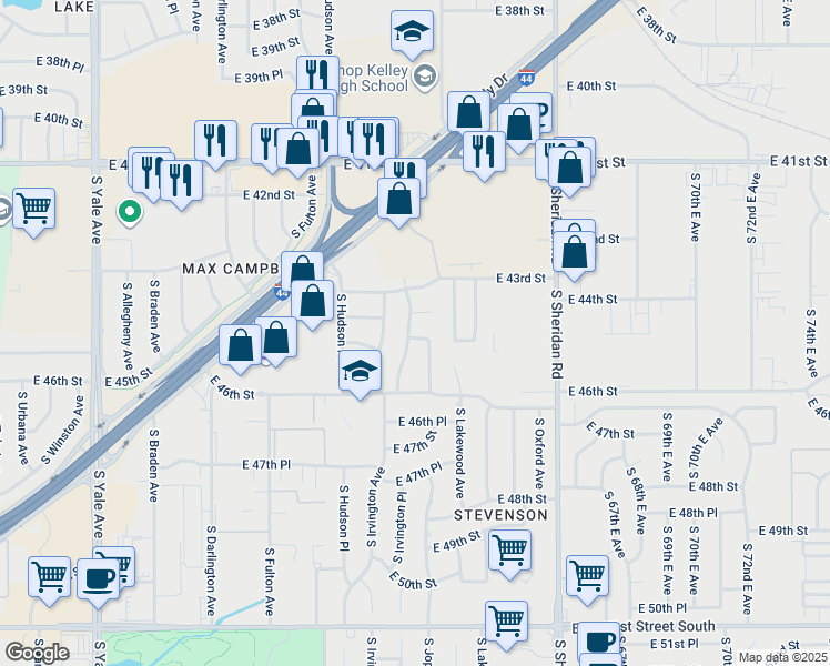 map of restaurants, bars, coffee shops, grocery stores, and more near 4417 S Joplin Ave in Tulsa
