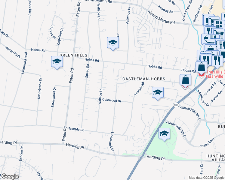 map of restaurants, bars, coffee shops, grocery stores, and more near 4238 Lindawood Drive in Nashville
