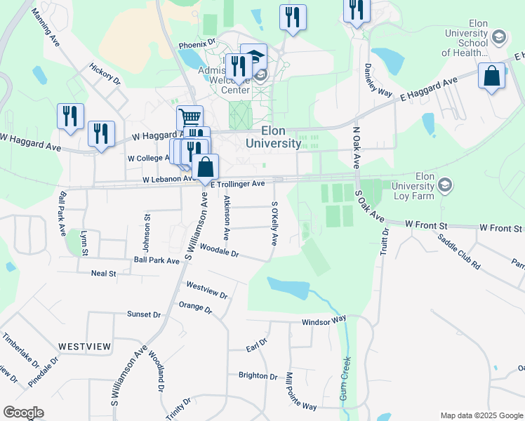 map of restaurants, bars, coffee shops, grocery stores, and more near 224 East Summerbell Avenue in Elon