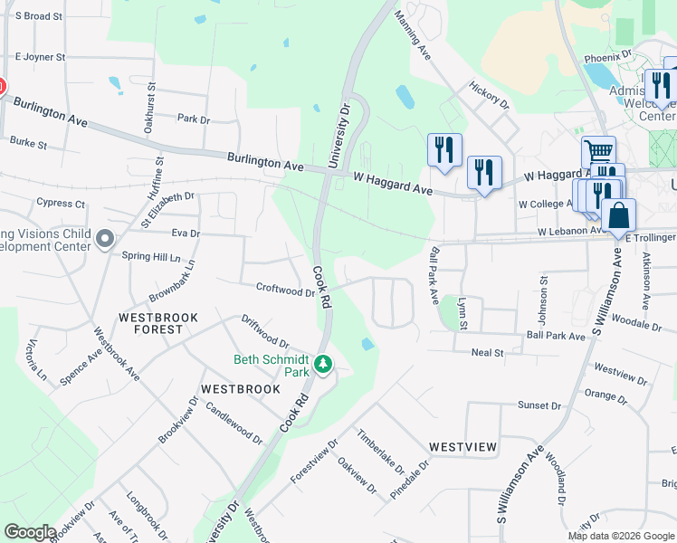 map of restaurants, bars, coffee shops, grocery stores, and more near 916 Camden Court in Elon