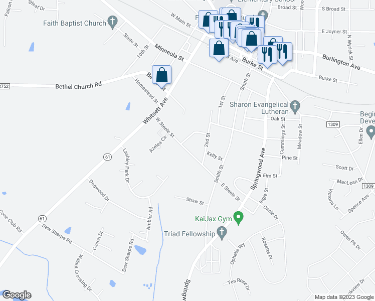 map of restaurants, bars, coffee shops, grocery stores, and more near 253 West Steele Street in Gibsonville