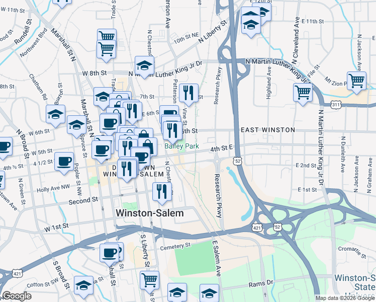 map of restaurants, bars, coffee shops, grocery stores, and more near 401 4th Street East in Winston-Salem