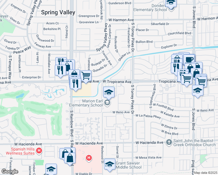 map of restaurants, bars, coffee shops, grocery stores, and more near 6647 West Tropicana Avenue in Las Vegas