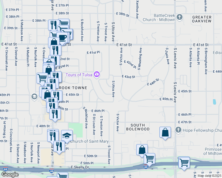 map of restaurants, bars, coffee shops, grocery stores, and more near 1648 East 44th Street in Tulsa