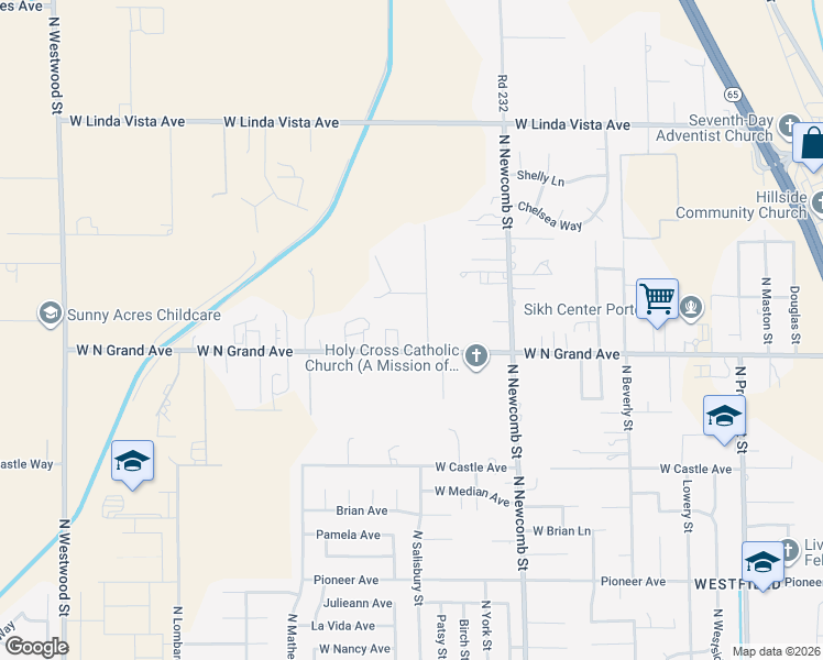 map of restaurants, bars, coffee shops, grocery stores, and more near 1868 Rose Street in Porterville