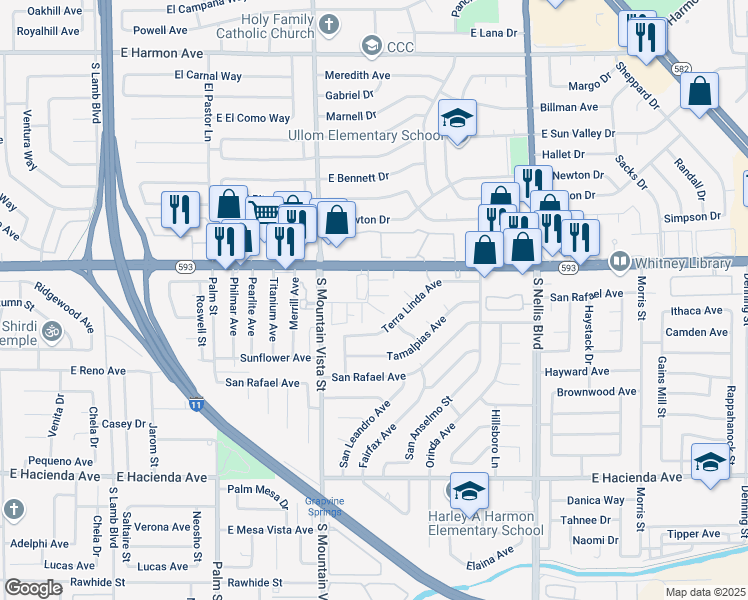 map of restaurants, bars, coffee shops, grocery stores, and more near 4972 Larkspur Street in Las Vegas