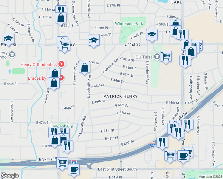 map of restaurants, bars, coffee shops, grocery stores, and more near 4028 East 45th Street in Tulsa