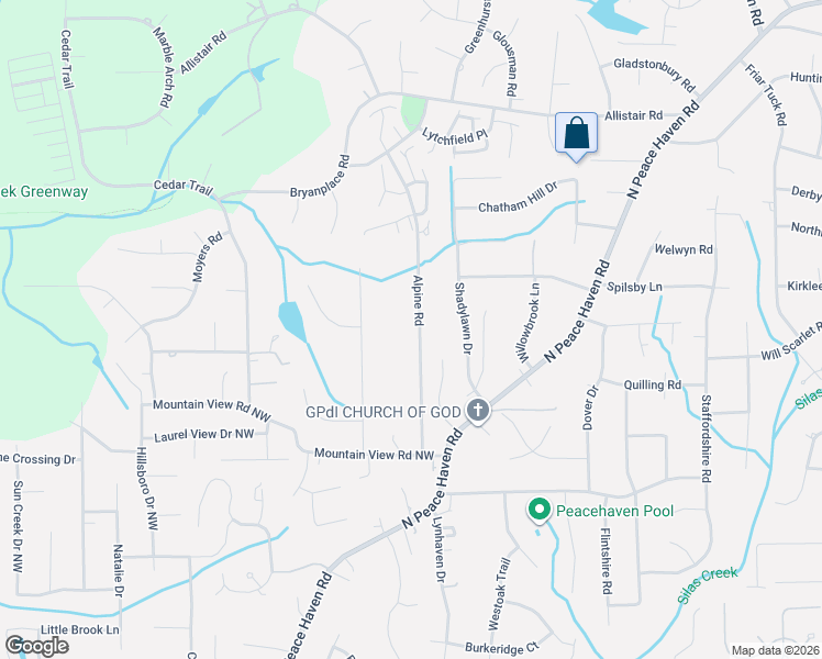 map of restaurants, bars, coffee shops, grocery stores, and more near 600 Alpine Road in Winston-Salem