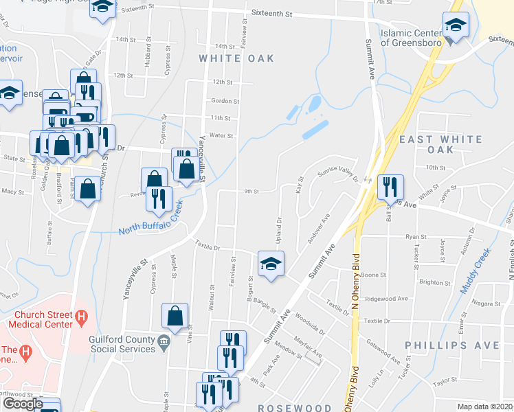 map of restaurants, bars, coffee shops, grocery stores, and more near 1618 Fairview Street in Greensboro