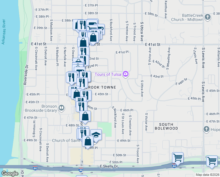 map of restaurants, bars, coffee shops, grocery stores, and more near 1394 East 44th Street in Tulsa