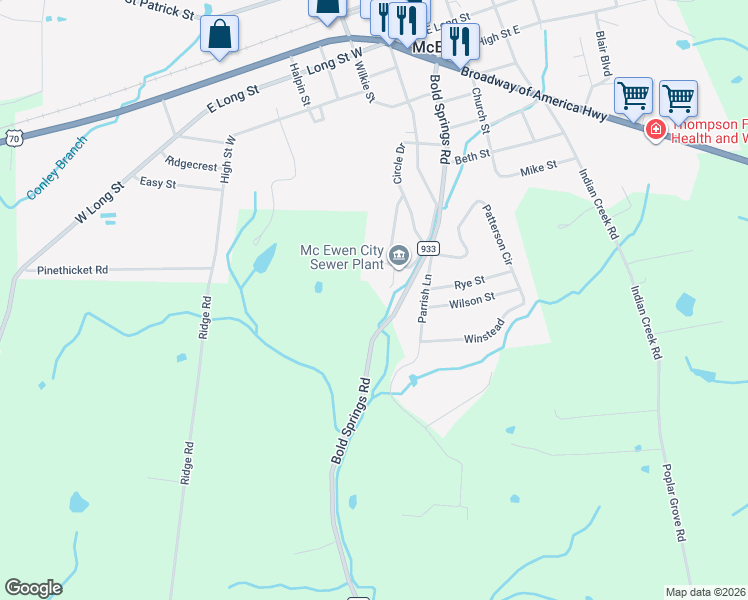 map of restaurants, bars, coffee shops, grocery stores, and more near 613 Hilltop Drive in McEwen