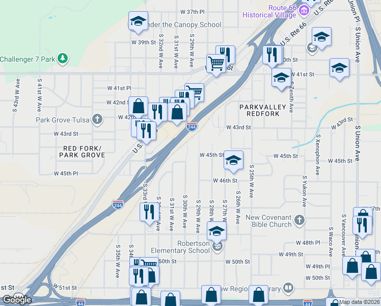 map of restaurants, bars, coffee shops, grocery stores, and more near 4345 South 30th West Avenue in Tulsa