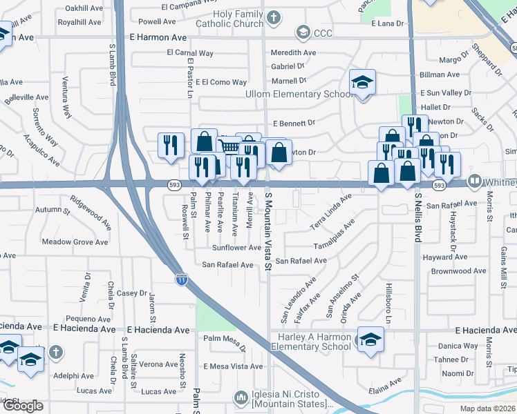 map of restaurants, bars, coffee shops, grocery stores, and more near 4961 South Mountain Vista Street in Las Vegas