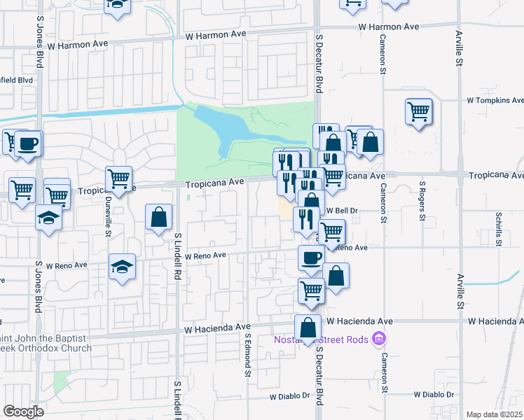 map of restaurants, bars, coffee shops, grocery stores, and more near 5155 West Tropicana Avenue in Las Vegas