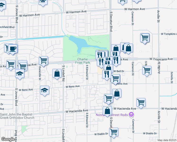 map of restaurants, bars, coffee shops, grocery stores, and more near 5155 West Tropicana Avenue in Las Vegas
