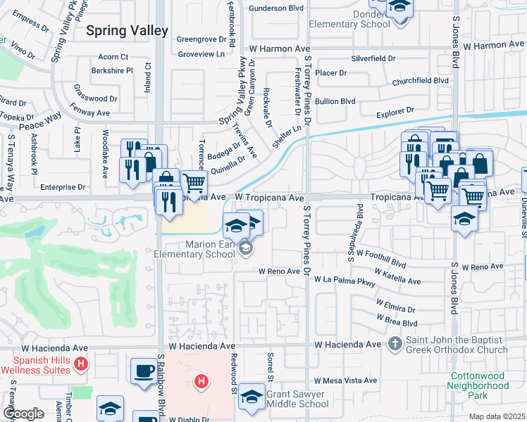 map of restaurants, bars, coffee shops, grocery stores, and more near 6575 West Tropicana Avenue in Las Vegas