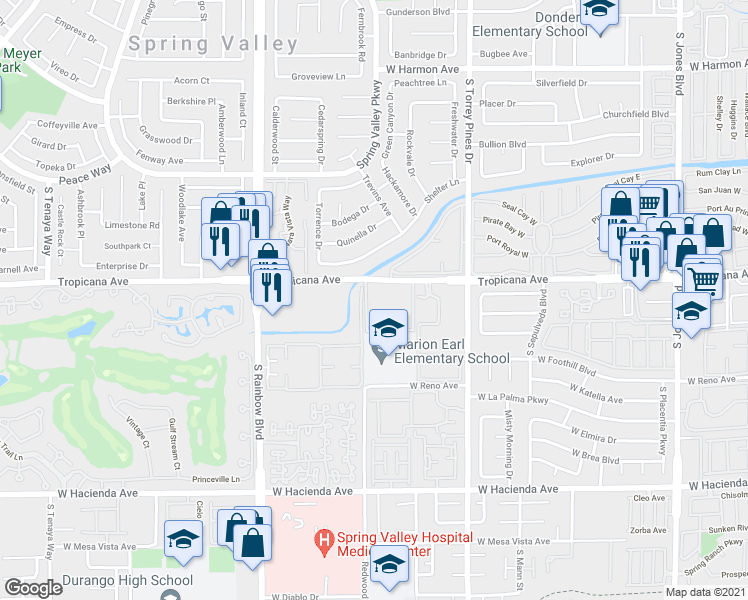 map of restaurants, bars, coffee shops, grocery stores, and more near 6647 West Tropicana Avenue in Las Vegas