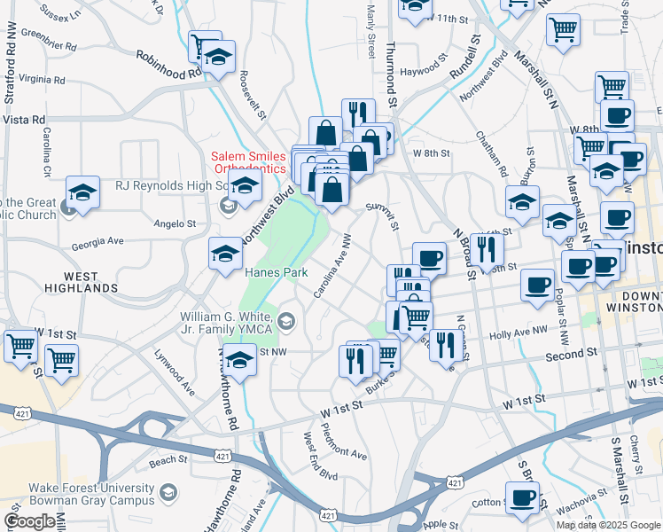 map of restaurants, bars, coffee shops, grocery stores, and more near 1315 Brookstown Avenue Southwest in Winston-Salem