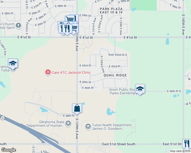 map of restaurants, bars, coffee shops, grocery stores, and more near 13112 East 44th Street in Tulsa