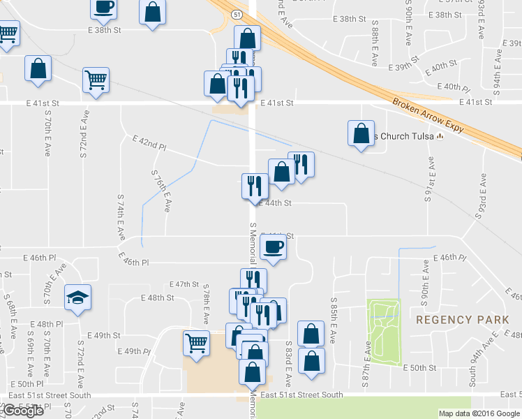 map of restaurants, bars, coffee shops, grocery stores, and more near 4400 South Memorial Drive in Tulsa
